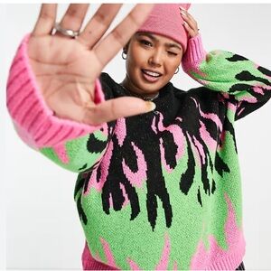 Vibrant Pink and Green Flame Sweater